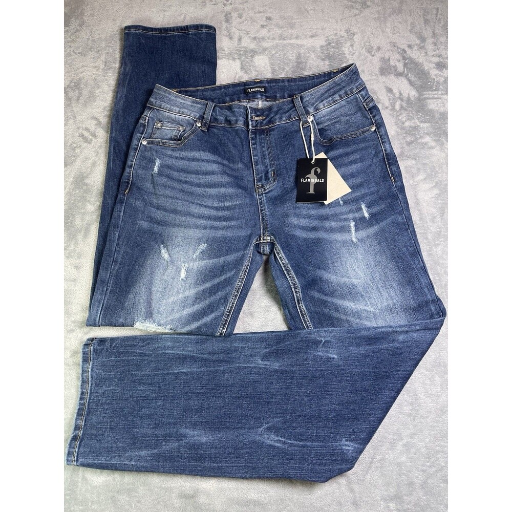 Flamingals NWT womens distressed straight leg jeans sz L W31 festival retail $59